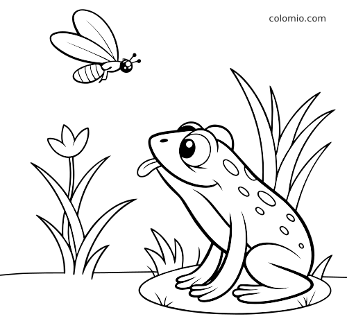 Una rana in stile cartone animato, con la lingua fuori, è seduta tra l’erba e guarda un insetto volante vicino a un fiore.
