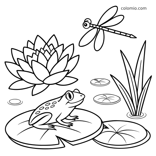 En enkel stregtegning af en frø på et åkandeblad i en dam med en guldsmed, en åkandeblomst og siv.