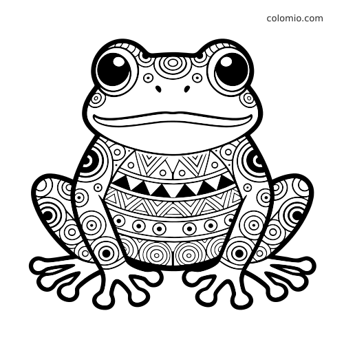 Una rana zentangle in bianco e nero vista di fronte, con grandi occhi rotondi e motivi geometrici dettagliati sul corpo.