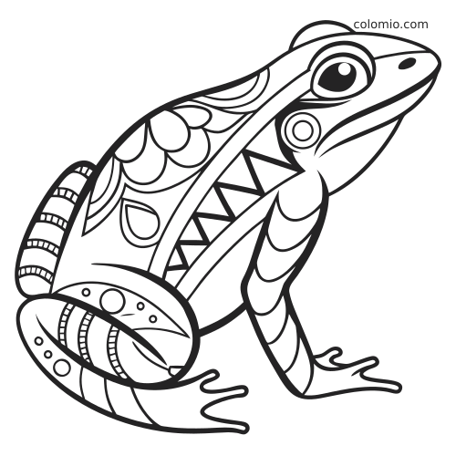 Una rana zentangle in bianco e nero vista di profilo, con sezioni del corpo decorate, grande occhio e zampe stilizzate.