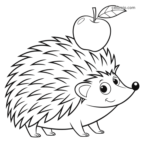 En tecknad igelkott med stora ögon bär ett äpple med blad på sina taggar i en enkel svartvit konturteckning.