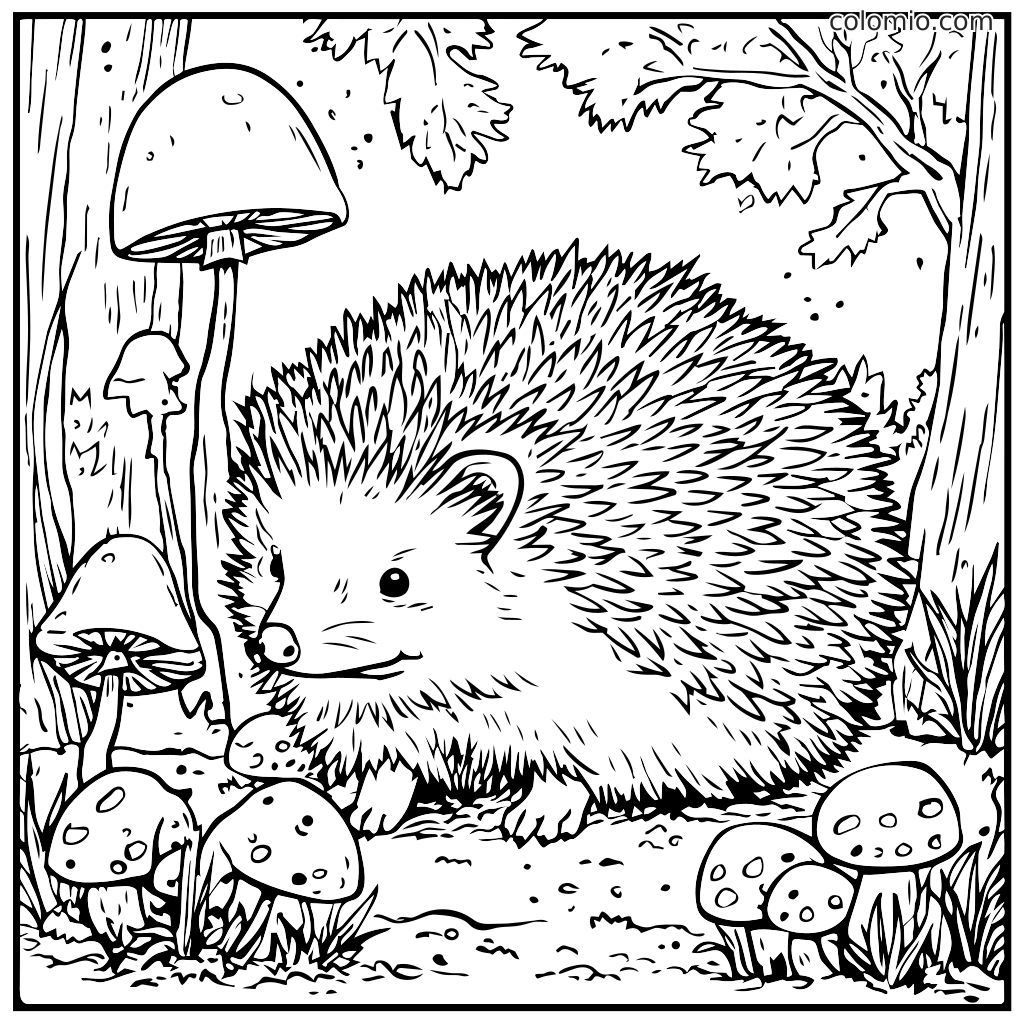 Um porquinho-da-índia fofo cercado por cogumelos em um cenário florestal, pronto para colorir.