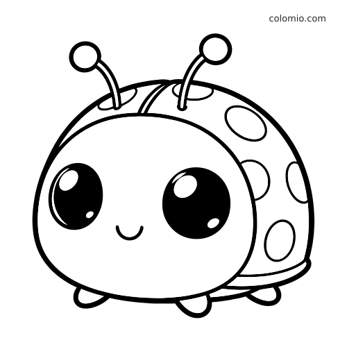 En kawaii nyckelpiga i tecknad stil med stora blanka ögon, runda antenner, prickiga vingar och ett leende ansikte.
