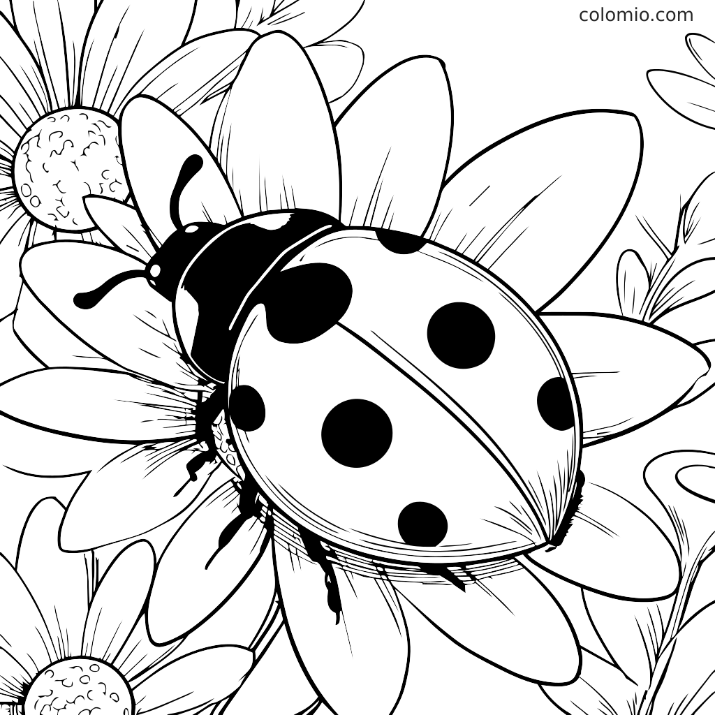 Uma página de colorir com uma joaninha em uma margarida, ideal para atividades infantis.