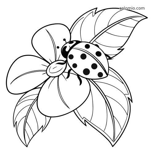 Svartvit målarbild av en prickig nyckelpiga som sitter på en stor blomma med breda blad och tydliga nerver.