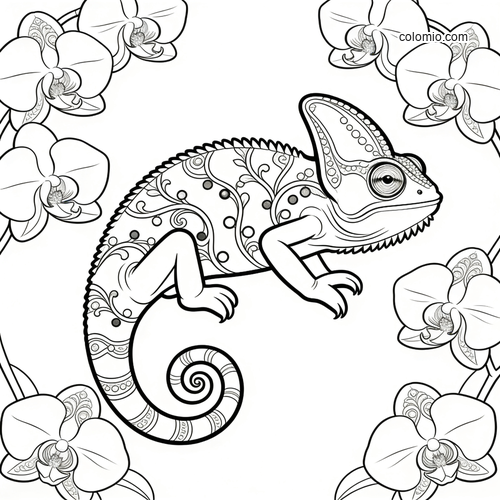 A detailed art nouveau chameleon with swirling patterns, surrounded by orchid flowers in a black and white line drawing.