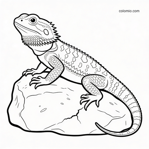 A bearded dragon with detailed scales and spiky beard sits basking on a large rock in a clean black-and-white outline.