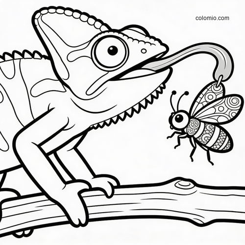 A cartoon-style chameleon on a branch shoots its long tongue toward a patterned flying insect in a simple line drawing.