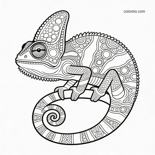 Black and white mandala-style chameleon with a tightly curled tail, covered in detailed circular and patterned sections.