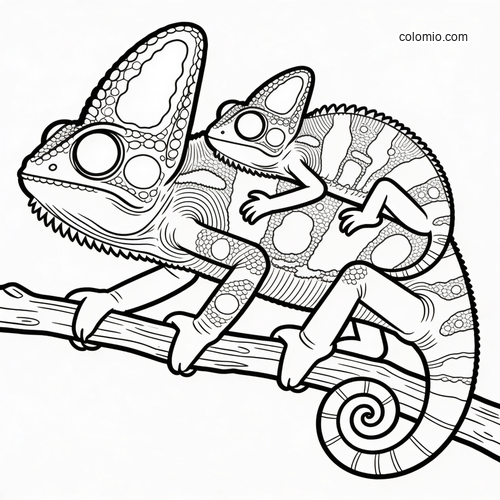 Black-and-white line art of a parent chameleon carrying a baby on its back while both cling to a tree branch.
