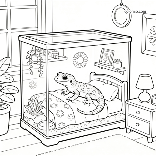 A cute gecko sits on a small bed inside a glass terrarium bedroom, with plants, wall decor, and a nightstand nearby.