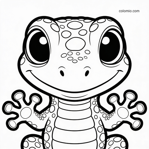 A cute gecko portrait shown in a close-up front view, with big eyes, a smiling face, and simple bold outlines.