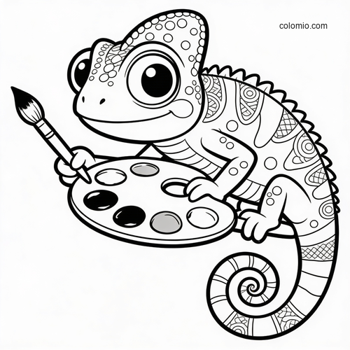 A cute cartoon chameleon holding a paintbrush and palette, with patterned body details and a curled tail.
