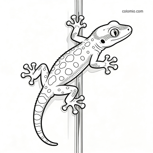 Black-and-white line art of a spotted gecko clinging to a glass surface with wide toe pads and a curved tail.