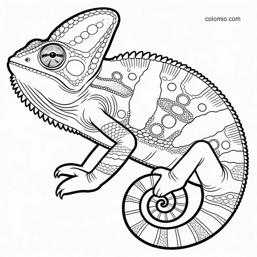 Black-and-white detailed chameleon poster with patterned scales, curled tail, and side view for coloring.