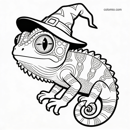 A detailed chameleon wearing a pointed wizard hat, shown in black and white with patterned scales and a curled tail.
