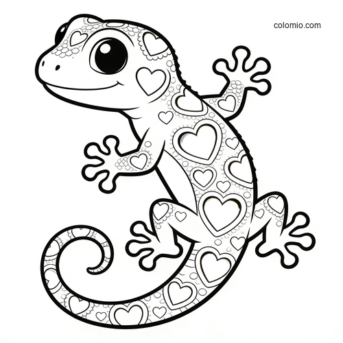 A cute tiny gecko with large eyes and a curled tail, covered in heart patterns and simple decorative scales.
