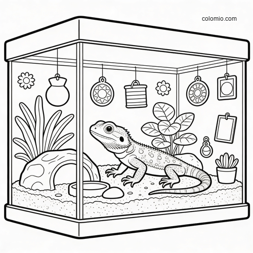 A lizard inside a terrarium with plants, rocks, hanging ornaments, and hidden objects in a clean line art scene.