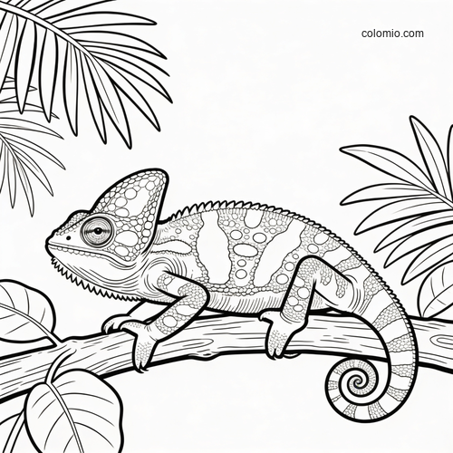 A detailed iguana with patterned scales and a curled tail resting on a tropical branch among palm leaves.