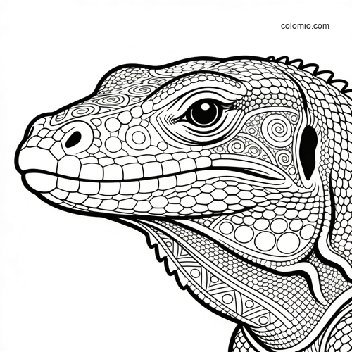 Black-and-white detailed portrait of a Komodo dragon head with patterned scales and decorative linework.