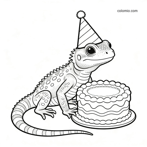 A cute cartoon lizard wearing a party hat sits beside a birthday cake in a simple black-and-white coloring page.