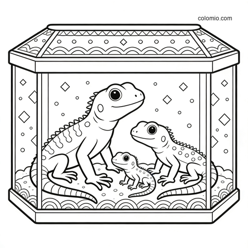 A cute cartoon lizard family with two adult lizards and a baby inside a decorated terrarium, drawn in clean black outlines.