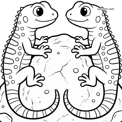 Two cute cartoon lizards face each other while sitting on a large rock, drawn in a simple black-and-white style.