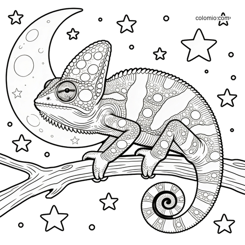 Detailed chameleon perched on a tree branch under a crescent moon, surrounded by stars in a black-and-white line art scene.