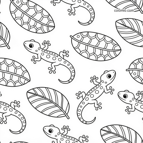 Black-and-white repeat tile pattern with cute geckos and patterned leaves arranged across the page.