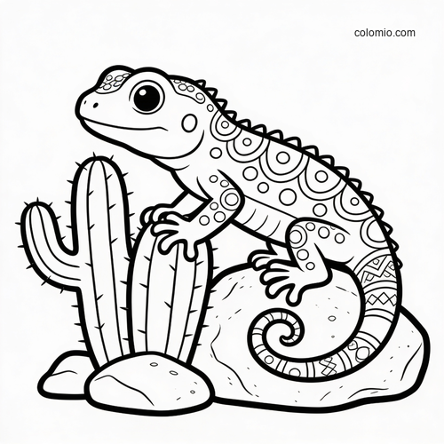 A simple cartoon lizard with patterned scales sits on a rock beside tall cactus plants in a clean black and white outline.