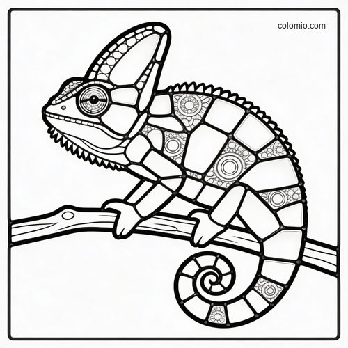 A chameleon perched on a branch in a stained glass mosaic style, with bold outlined panels and a curled tail.