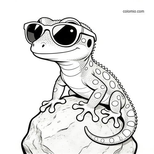 A cute gecko wearing oversized sunglasses sits on a rock in a clean black-and-white coloring page illustration.