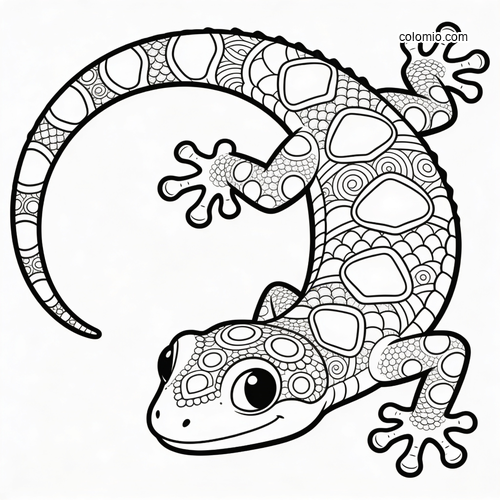 Black-and-white gecko with large eyes and detailed zentangle scale patterns across its curled body and toes.