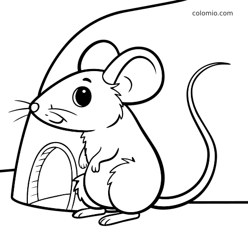Um rato em estilo cartoon aparece ao lado da entrada de uma toca, com orelhas grandes e cauda longa e curvada.