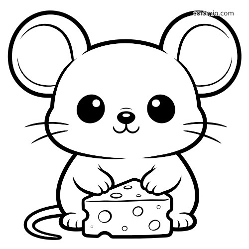 Un topolino kawaii con grandi orecchie rotonde e occhi grandi tiene un pezzo di formaggio in stile cartone semplice.
