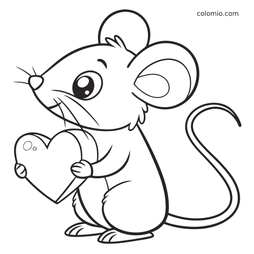 Um ratinho kawaii de olhos grandes está sentado segurando um coração em um desenho simples de contorno.