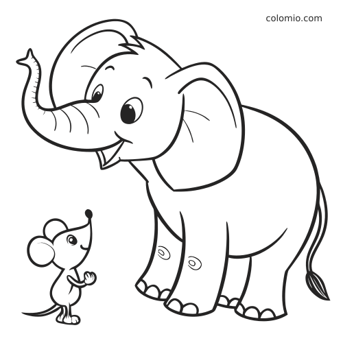 Um elefante em estilo cartoon, com a tromba levantada, está ao lado de um pequeno rato em contorno preto e branco.