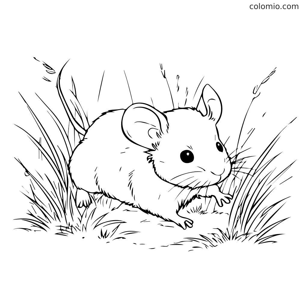 A cute mouse illustration surrounded by grass, perfect for kids to color.