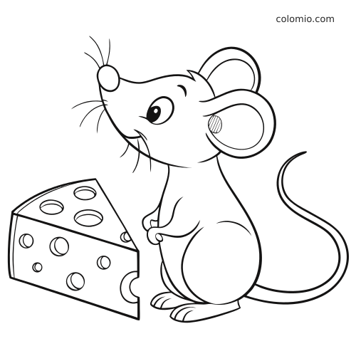 Um rato em estilo cartoon sentado ao lado de um grande pedaço de queijo, desenhado com contornos simples para colorir.