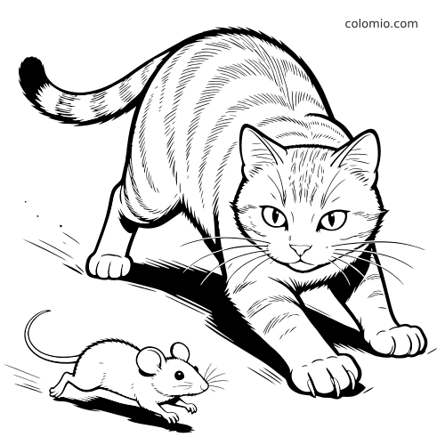Desenho em preto e branco de um gato agachado, em posição de caça, perseguindo um pequeno rato no chão.