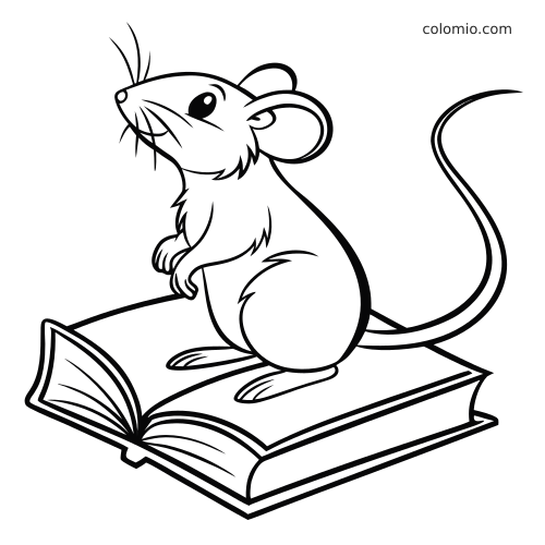 Un topo in stile cartone animato, con dettagli del pelo, è seduto in posizione eretta su un libro spesso aperto, in contorno nero pulito.