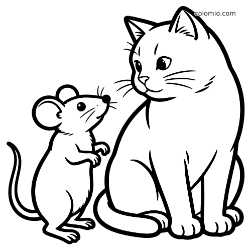 Um rato em estilo cartoon em pé ao lado de um gato grande sentado, os dois se olhando em contorno preto e branco.