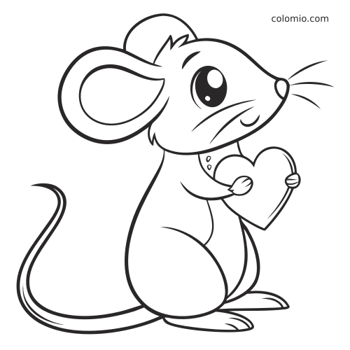 Um ratinho kawaii visto de lado segura um coração junto ao peito em um desenho de contorno simples.