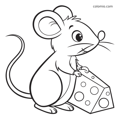 Um rato em estilo cartoon, visto de perfil, segurando um pedaço de queijo em contornos pretos simples.