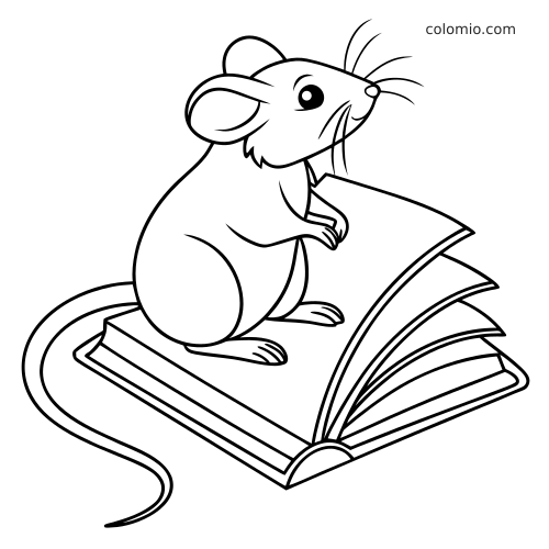 Um rato em estilo simples está sentado sobre um livro aberto, com páginas grandes e cauda longa em contorno preto.