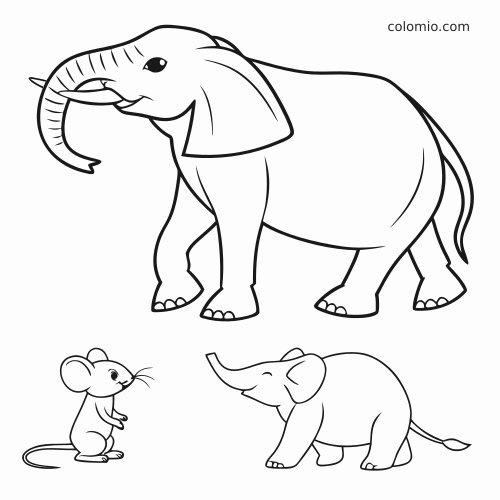 Página em preto e branco com um elefante grande na parte superior, um rato à esquerda e um filhote de elefante abaixo.