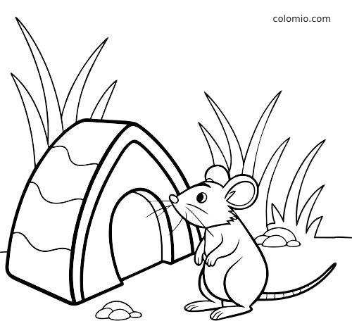 Une souris en dessin au trait se tient près de l’entrée arrondie de son trou, avec de l’herbe et quelques petits cailloux autour.