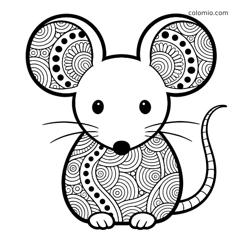 Um rato de frente com orelhas grandes estampadas, rosto simples e padrões zentangle de círculos e pontos no corpo.