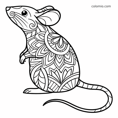 Um rato em pé visto de perfil, com padrões florais detalhados em estilo zentangle pelo corpo e cauda longa curvada.
