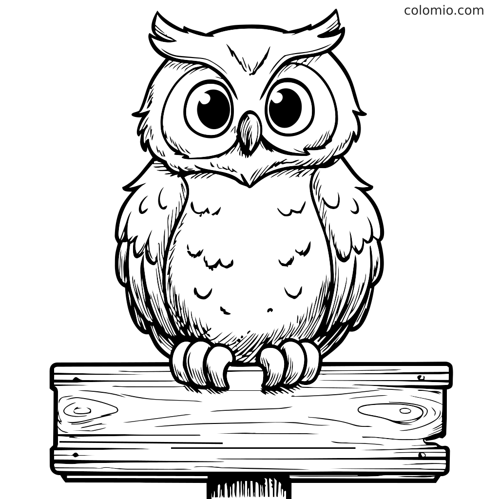 Kreskówkowa sowa z dużymi oczami siedząca na drewnianym znaku, gotowa do kolorowania.